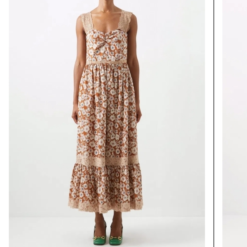 Floral Lace-Trim Midi Dress in Tan